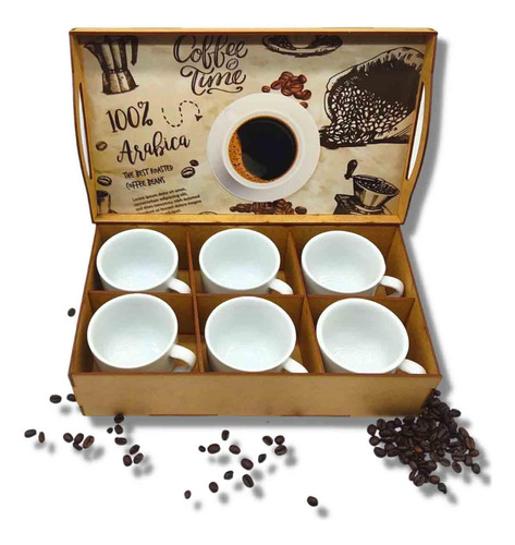 Jogo 6 Xicaras 170ml Porcelana Café Chá Caixa Mdf Branca