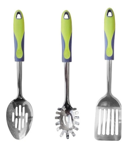 Set X 3 Utensilios Acero Inoxidable Mango Silicona Verde