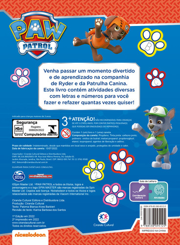 Patrulha Canina - Brincando Com Letras E Números: Brincando Com Letras, De Barbieri Alves. Ciranda Cultural Editora E Distribuidora Ltda., Capa Mole Em Português, 2021