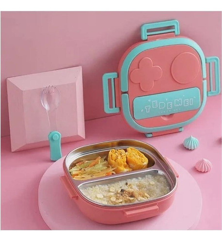 / Fiambrera Infantil Con Tenedor, 3 Compartimentos, Color