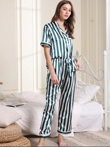 Conjunto De Pijama De Seda Satinada Para Mujer Y Pantalones