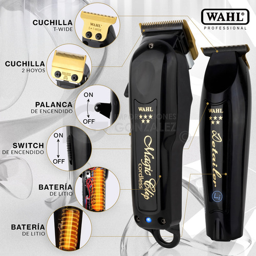 Máquinas sem fio pretas Wahl® Barber Combo Original com cortador de hologramas Magic Clip + Trimmer Detailer Li para barbearia