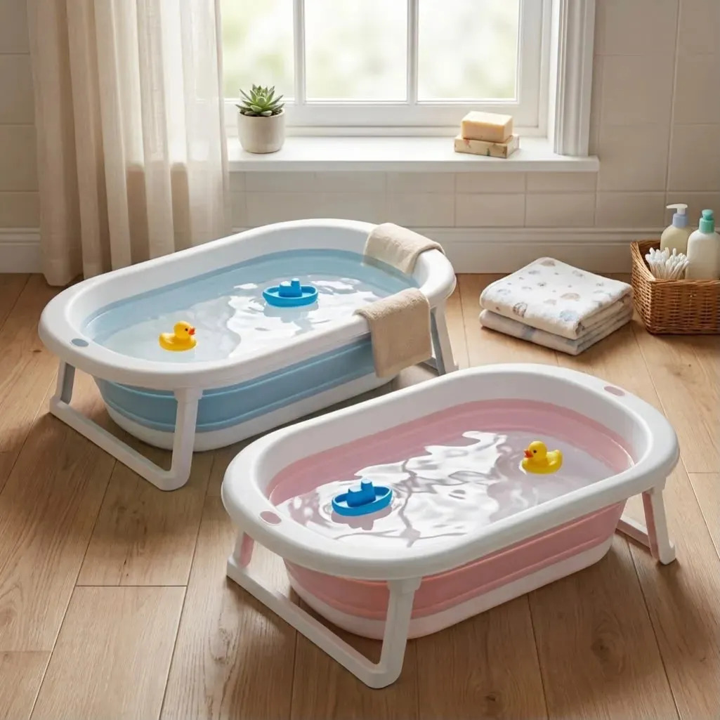 Banheira De Bebe Retrátil Dobrável Em Silicone Cor Azul