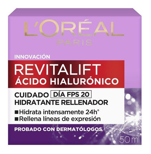Imagen 1 de 1 de Crema L'Oréal Paris Revitalift Ácido Hialurónico crema de dia fps 20 día para todo tipo de piel de 50mL 30+ años