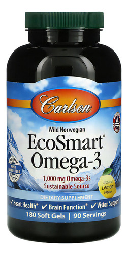 Carlson, Ecosmart Omega-3 1000mg Dha, Epa, Vit E 180caps Sabor Limón