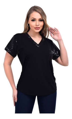 Blusa Camiseta Baby Look T-shirt Feminina Paetê Modinha