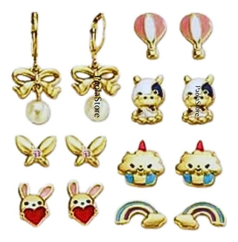 Aretes Niña Funny Colors 7 Pares Baño Oro 24k Set Finart