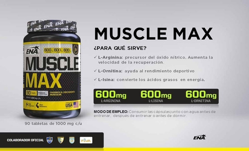 Imagen 3 de 7 de Muscle Max X 90 Ena Arginina Lisina Ornitina Oxido Nitrico Recuperador