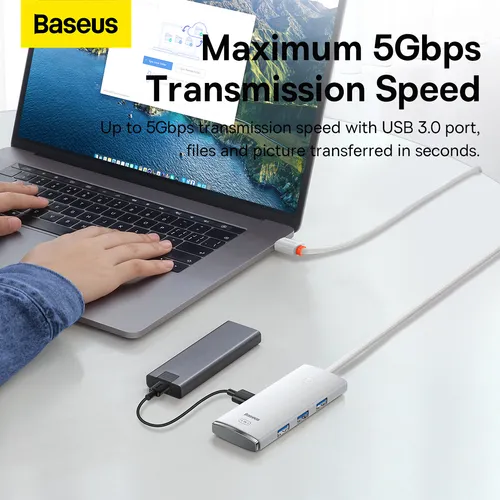 Hub 4 En 1 Baseus Usb-c A 4x Usb 3.0 + Usb-c 1 Metro Blanco