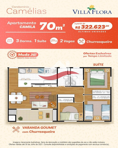 Imagem 6 de 21 de Ótimo Apartamento 70,57 M² No Villa Flora, 3 Dormitórios (1 Suíte), Varanda Gourmet, Lazer Completo, 2 Vagas Duplas. O Melhor Bairro Planejado! - Ap00168 - 69877821