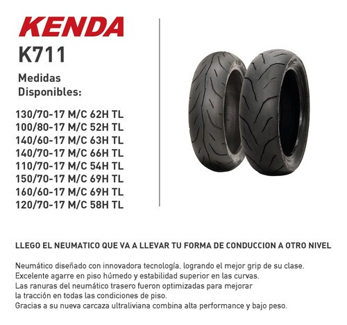 Imagen 2 de 2 de Cubierta trasero para moto Kenda K711 sin cámara de 130/70-17 H 62 x 1 unidad