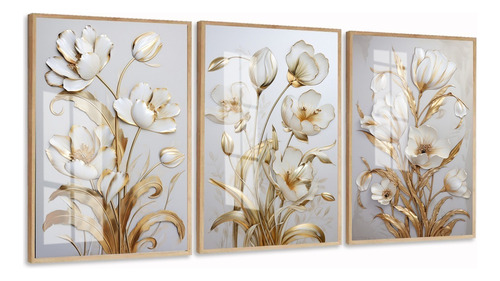 Quadros Decorativos Flores Brancas Dourada Com Moldura Vidro