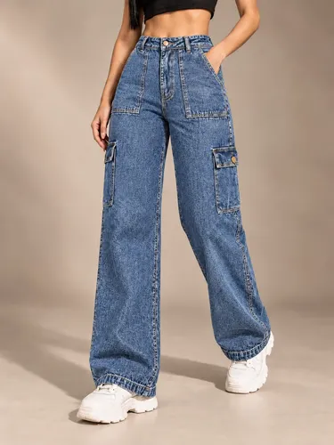 Calça Cargo Wide Leg Jeans Feminina Cintura Alta Bolsos - R$ 89,9
