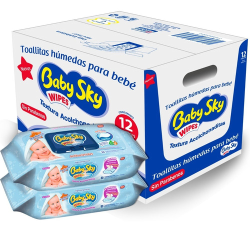 Toallitas Húmedas Para Bebé Baby Sky, Caja Con 12 Paquetes Con 80 Toallas c/u