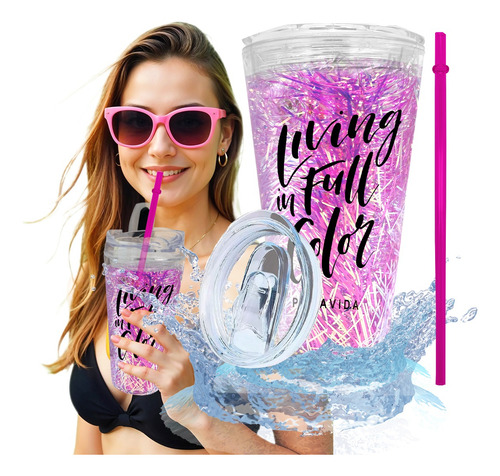 Vaso Termo Glitter Tornasol Fucsia Popot Antiderrame Acrílic