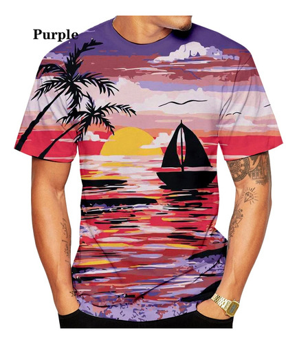 Playera Hawaiana Con Estampado 3d De Palmeras Y Puesta De So