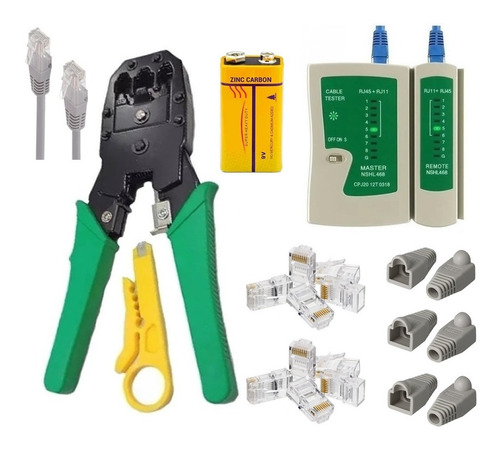 Imagen 1 de 8 de Pinza Crimpeadora + Pela Cable + 50 Fichas + Tester Rj45 Red