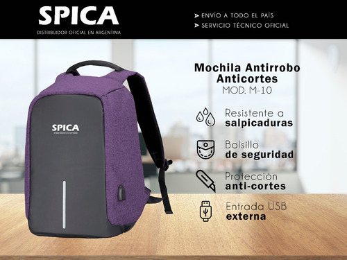 Imagen 3 de 10 de Mochila Antirrobo Impermeable Spica M-10 Usb Porta Notebook