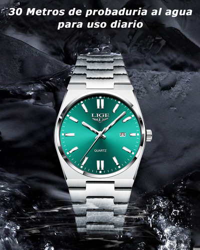 Reloj De Cuarzo Hombre Analógico Relojes Pulsera Moda Watch Correa Plateado Bisel Plateado Fondo Verde