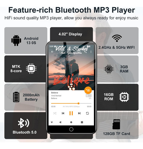 Reproductor Mp3 De 144 Gb Con Bluetooth Y Wifi, Android 1...