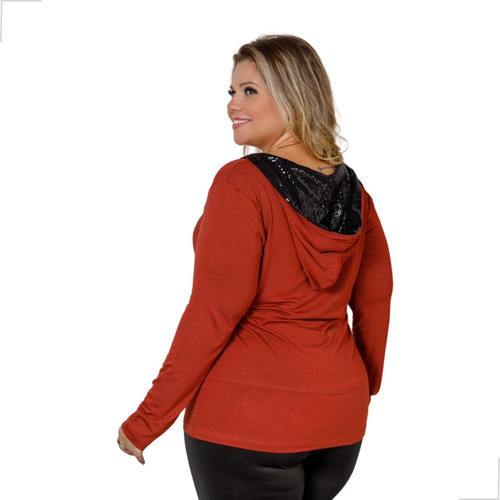 Blusa Feminina Manga Longa Plus Size + Capuz Em Paetê