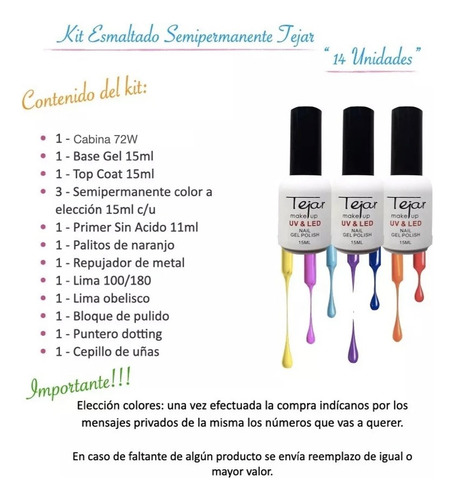 Imagen 3 de 10 de Kit Inicial X 14u Tejar Manicuria Esmalte Semi Cabina Led Uv