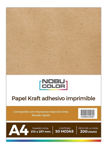 Papel Kraft Adhesivo Imprimible A4 200 Gr. 50 Hojas