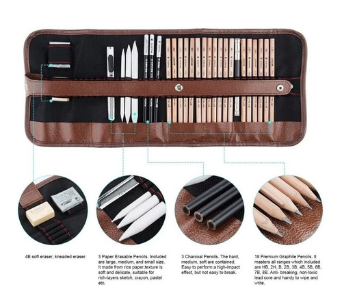 Kit Dibujo Sketching 29 Piezas Profesional Estuche Bocetos F