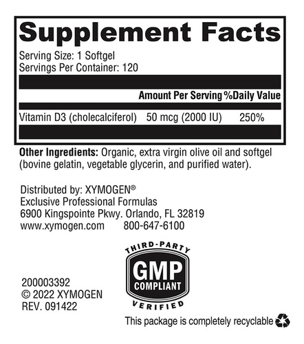 Xymogen D3 2000 Iu Vitamina D3 120 Softgels Biodisponible