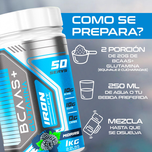 Glúteo Peptonas Peptofrance + Bcaas + Glutamina Iron Fit 1kg Sin Sabor - Moras