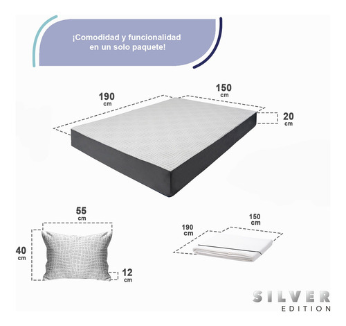 Colchón Queen Size En Caja 20 Cm + Juego Sábanas Y Almohada Blanco Y Gris