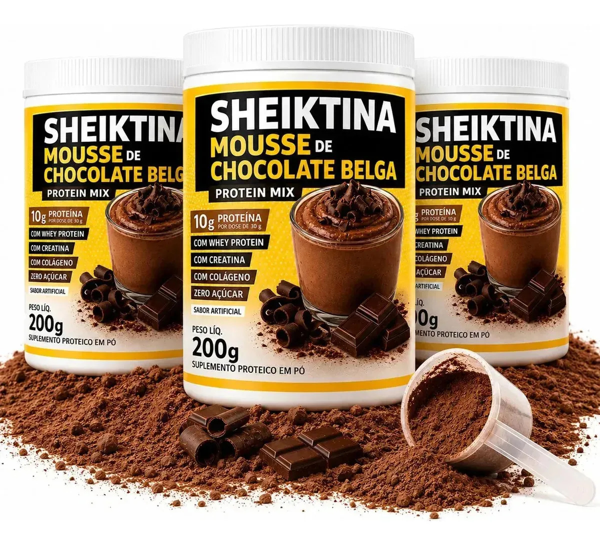 Whey Protein + Creatina + Colágeno 200g Chocolate Sheiktina Mix Completo De Proteinas E Fibras Para Treinos, Beleza, E Saúde - Sabor De Chocolate 4 Potes