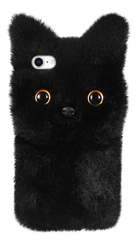 Funda De Teléfono Negra Con Forma De Gato Esponjoso A Prueba