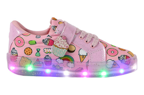 Tenis Niña Luces Led Pastelitos Cupcake Glitter Velcro Moda