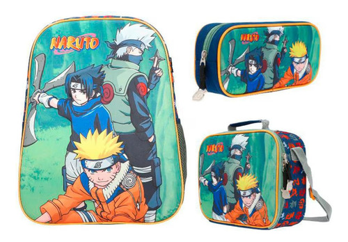 Mochila Lonchera Lapicera Set 3 Pzs Naruto Original Premium. Azul Petróleo Naruto