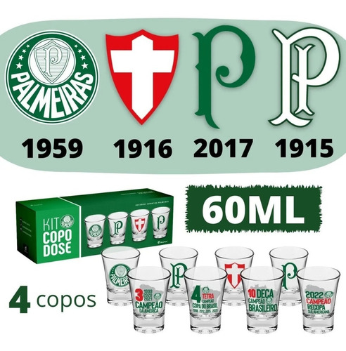 Kit Copo Dose 4un Time Palmeiras - Produto Licenciado Cor Verde
