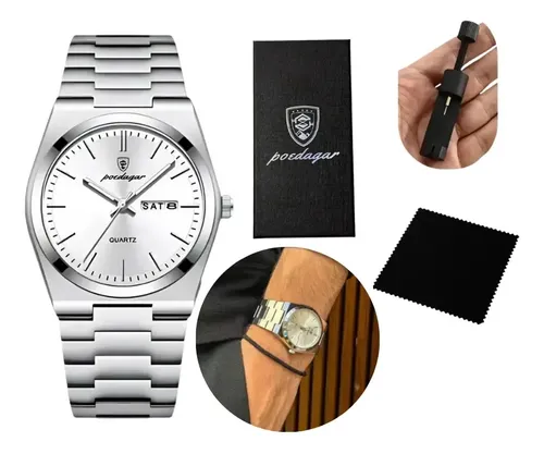 Relógio Poedagar Suiço Masculino Aço Inox Old Money C/caixa Branco Prateado