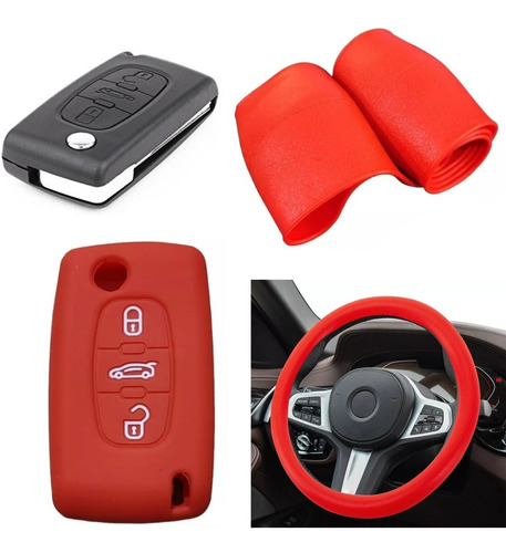 Cubre Volante + Funda Llave Silicona Citroen C4 Picasso Rojo