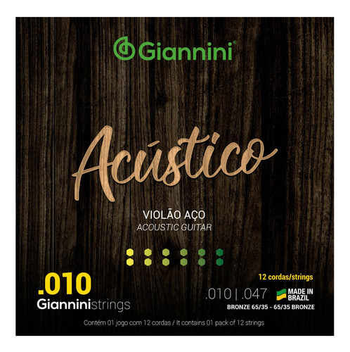 Encordoamento Giannini Acústico Violão Aço Geswa12 12 Cordas