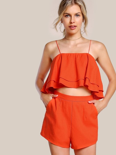 Conjunto Naranja Top Vuelos Short Shein