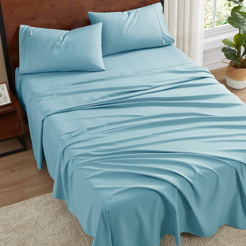 Juego De Sábanas Matrimonial Kinkete 4 Pzs Ajustables Azul Acero Liso