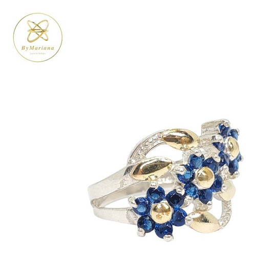 Anillo Plata Y Oro Con Flores Y Piedras Azules