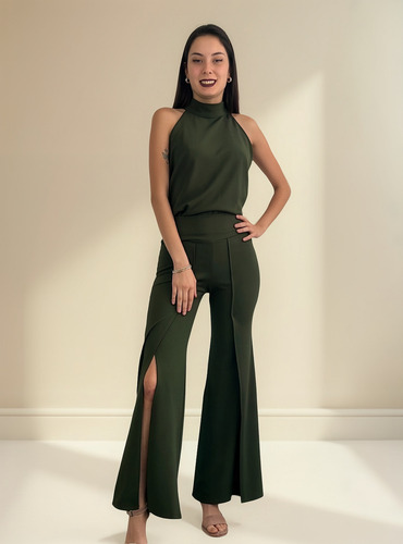Conjunto Olivia Con Abertura ,cómodo,elegante,fiestas,mujer Verde Oscuro Xl
