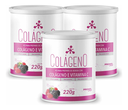 Kit 3 Colágeno Hidrolisado + Vitamina C Promel 220g Sabor