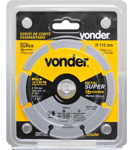 Disco De Corte Diamantado Segmentado Metais 115 Mm Vonder