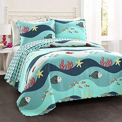 Lush Decor Sealife 3piece Quilt Set Fullqueen Blue