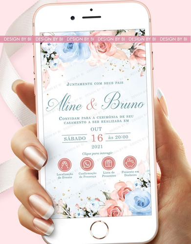 Convite Casamento Azulclaro Rosa Virtual Interativo Whatsapp