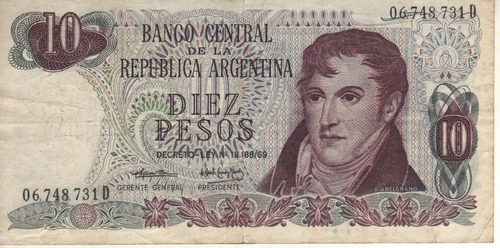 Bottero 2352 Billete De 10 Pesos Ley 18.188 Año 1974 - Vf-