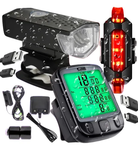 Kit Bike Farol Lanterna Recarregável E Velocimetro Noturno Preto