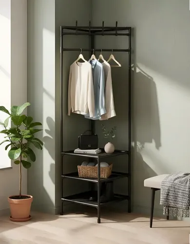 Arara Cabideiro Organizadora ​De Roupas Com 3 Andares Sapateira Closet Armário De Canto Com Ganchos Vertical Preto